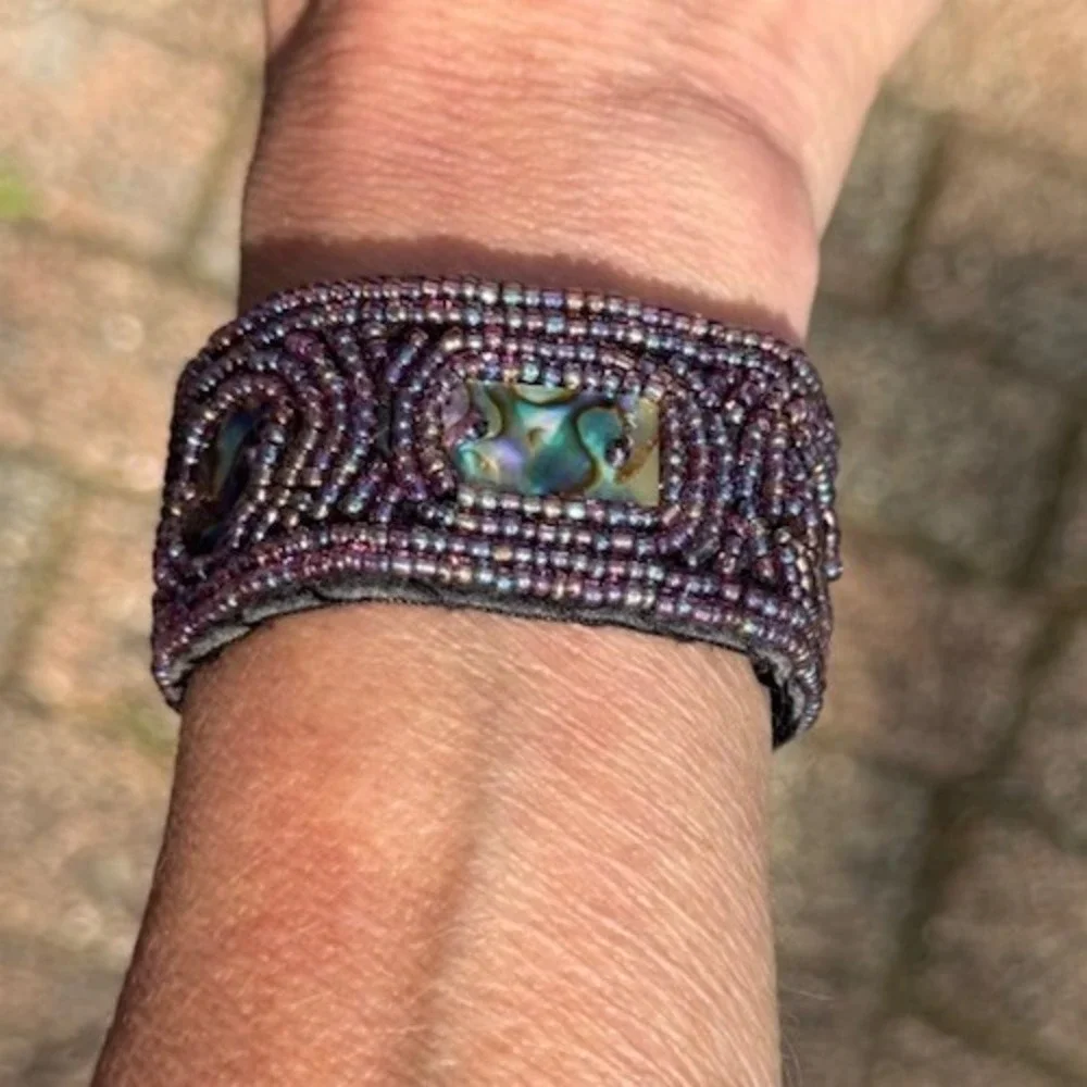 Artisan Bead Embroidered Cuff Bracelet Purple Iridescent Abalone Shell